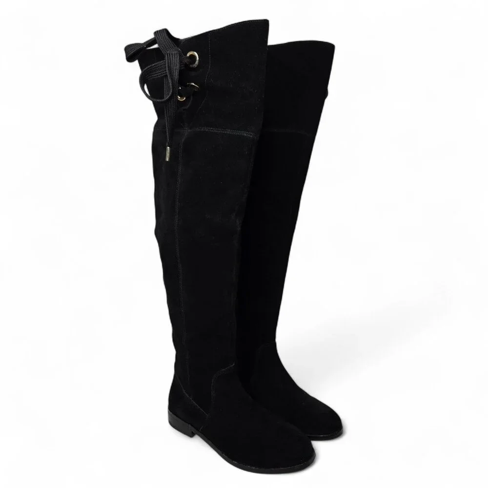 Kate Spade New York Over The Knee Boots Women's Black‎ Suede Gold Trim Tall 5M